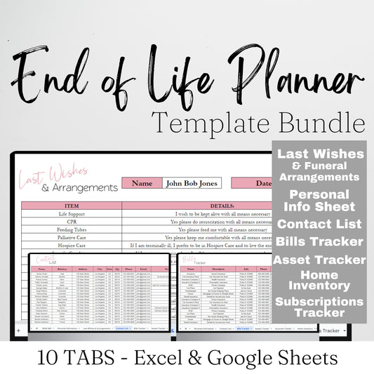 End of Life Planner Google Sheet Template, Death Planner