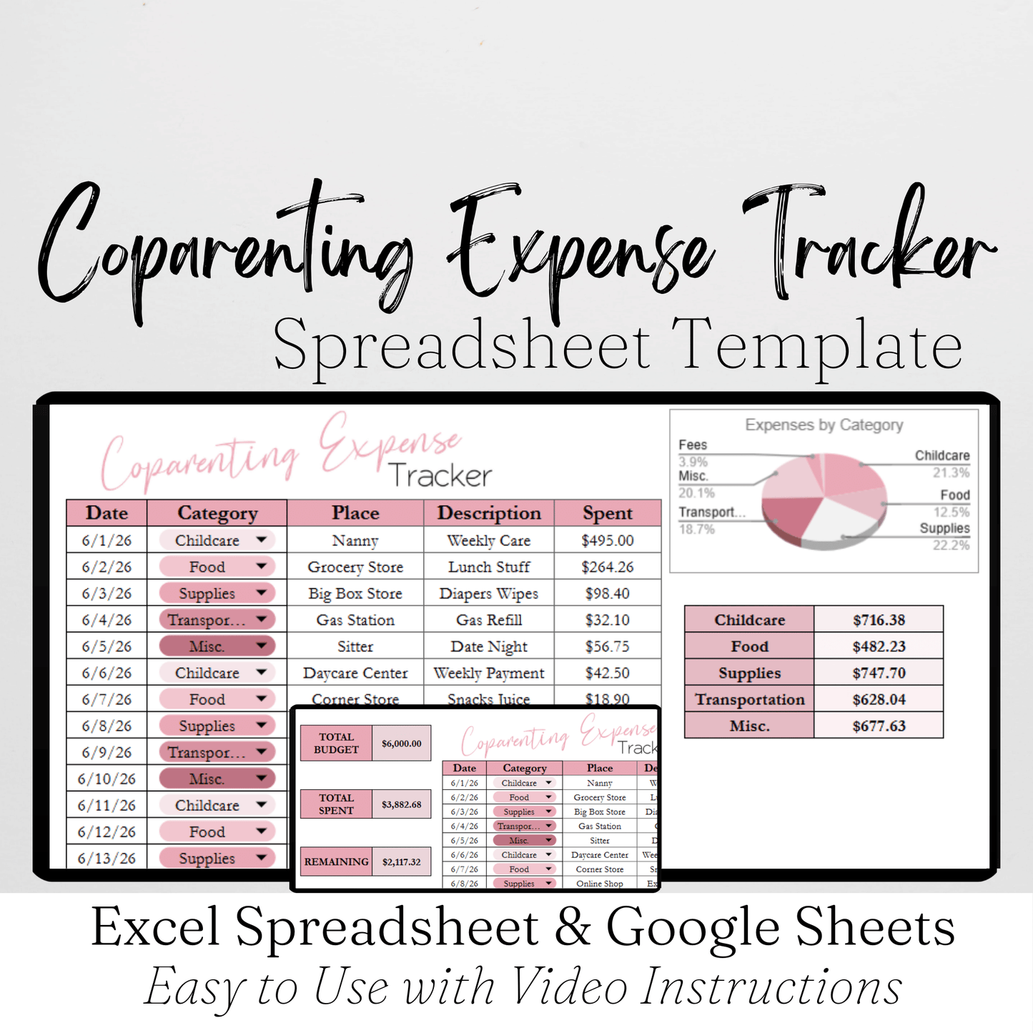 Coparenting Expense Tracker Google Sheets and Excel Spreadsheet Template