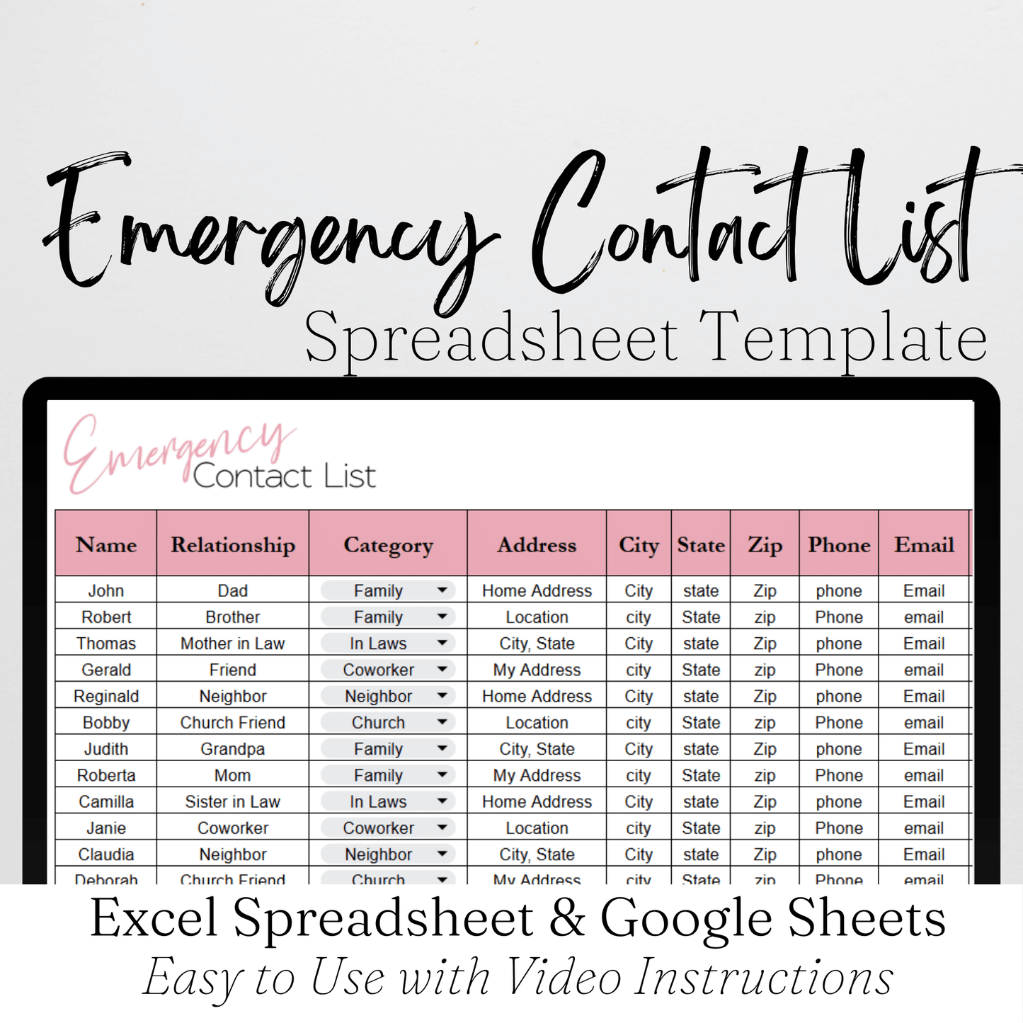 Emergency Contact List Template Google Sheets and Excel Spreadsheet Template