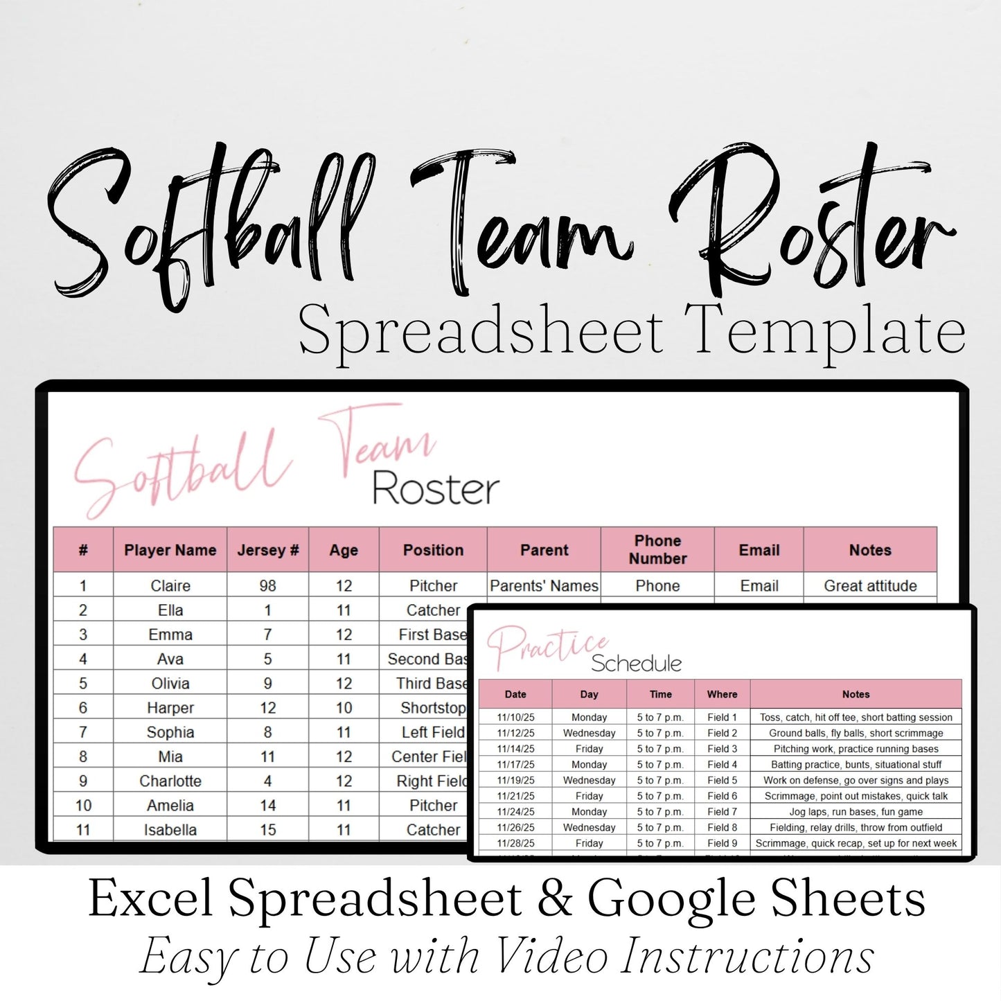 Softball Team Roster & Practice Schedule Template for Google Sheets & Excel | Coach Spreadsheet | Youth Sports Team Organizer | Instant Download