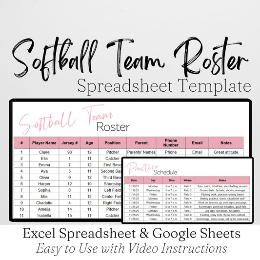 Softball Team Roster & Practice Schedule Template for Google Sheets & Excel | Coach Spreadsheet | Youth Sports Team Organizer | Instant Download