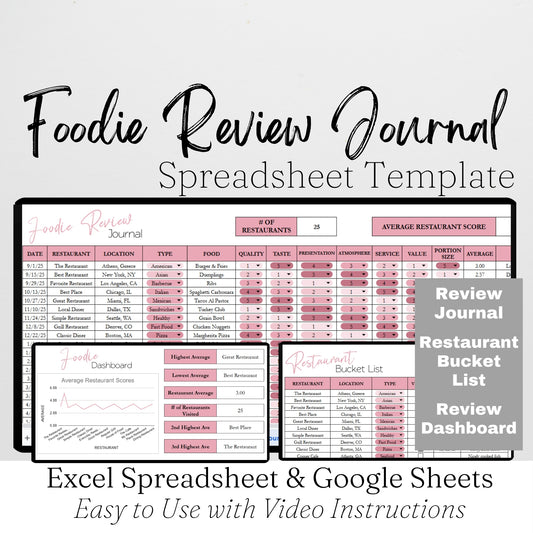 Foodie Review Journal Template Google Sheets and Excel Spreadsheet - Favorite Restaurant Tracker