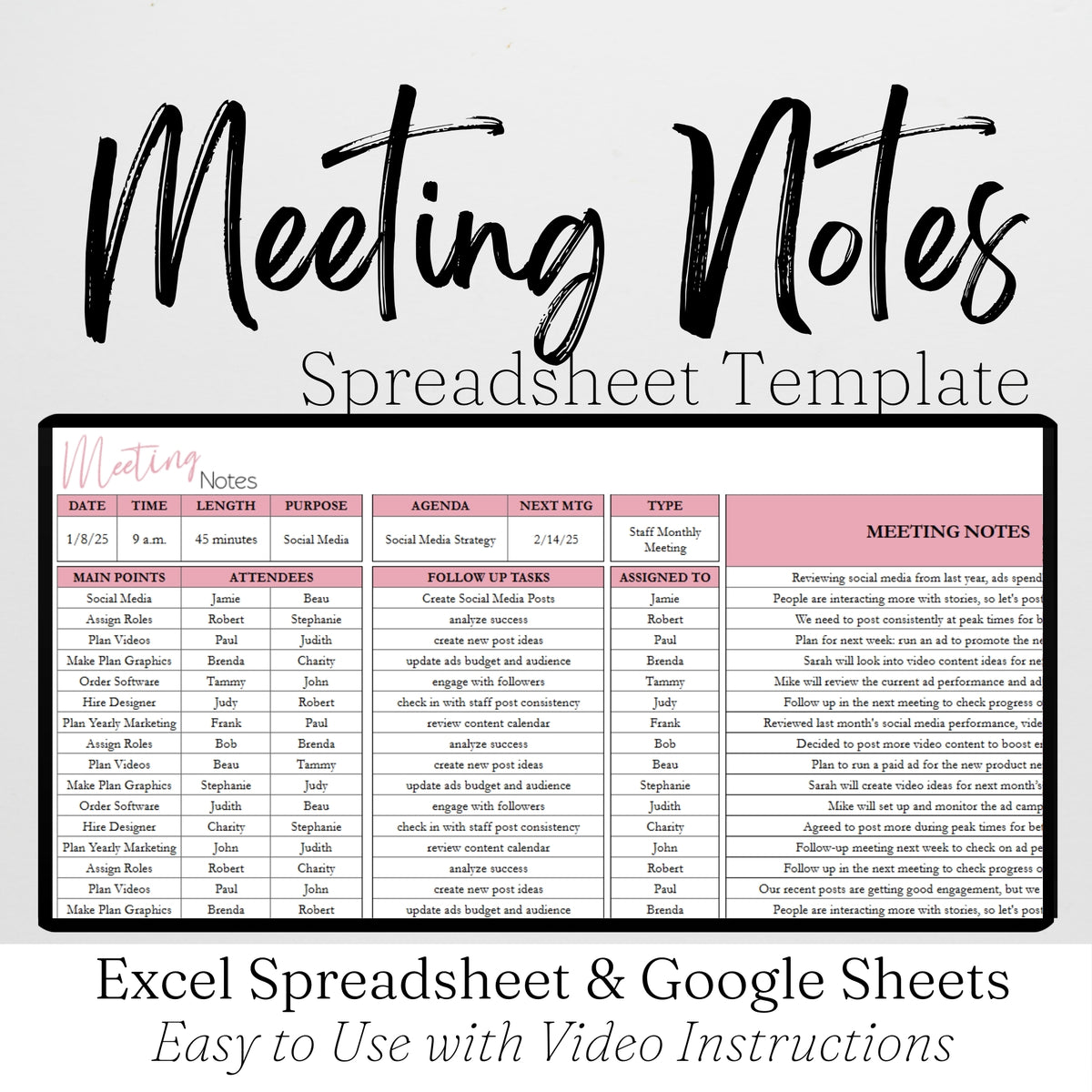 Meeting Notes Template Google Sheets and Excel Spreadsheet – Savvy and ...