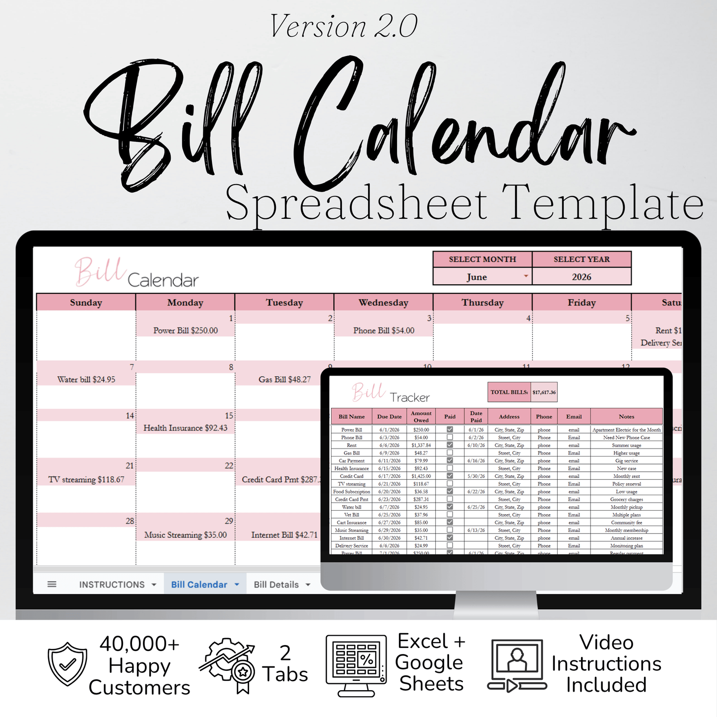 Bill Calendar Excel and Google Sheets Spreadsheet Template | Automated Monthly Bill & Due Date Tracker