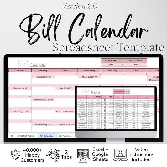 Bill Calendar Excel and Google Sheets Spreadsheet Template | Automated Monthly Bill & Due Date Tracker