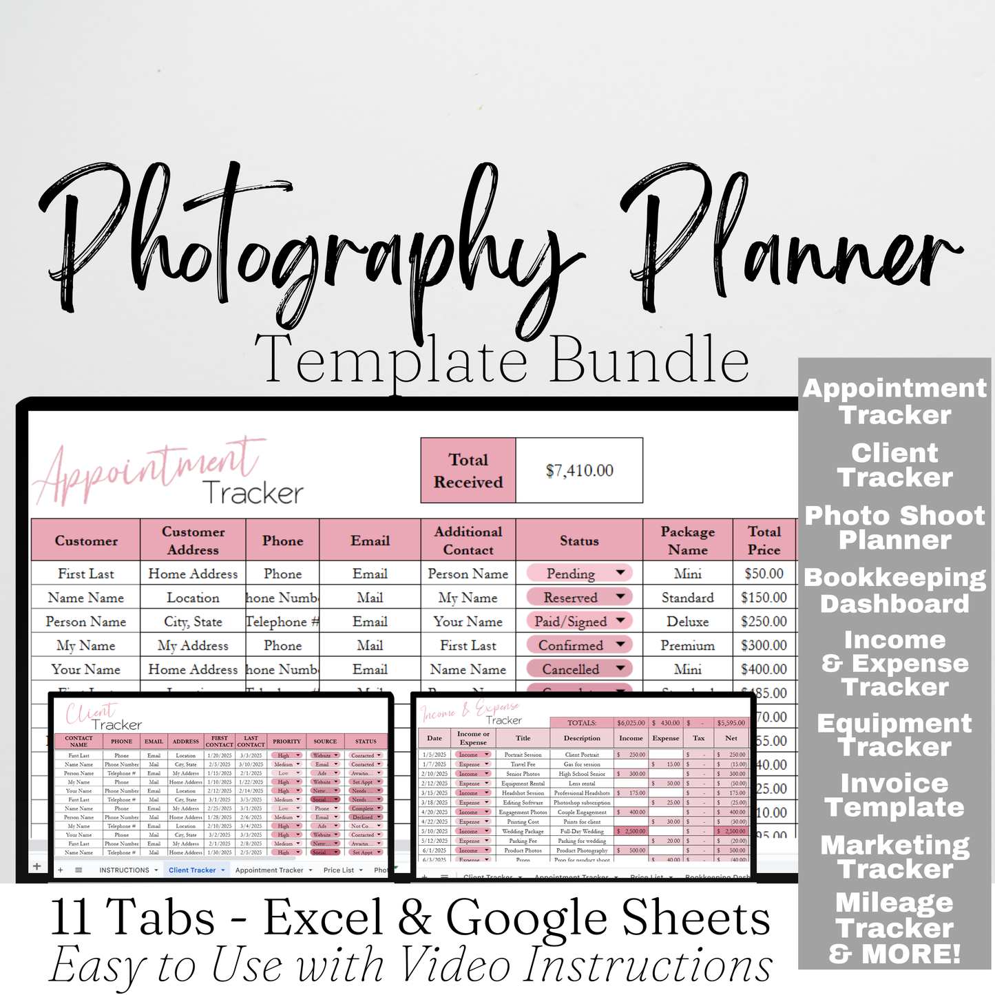 Photography Planner Template Bundle Google Sheet and Excel Spreadsheet