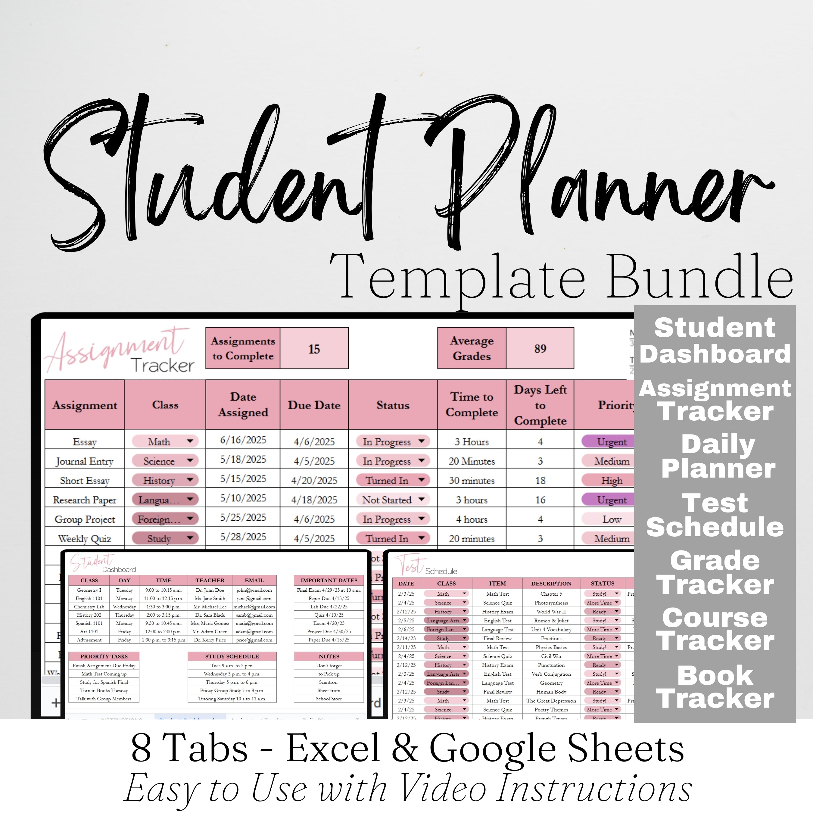 Student Spreadsheet Student Planner Template Google Sheets and Excel Spreadsheet – Savvy ...