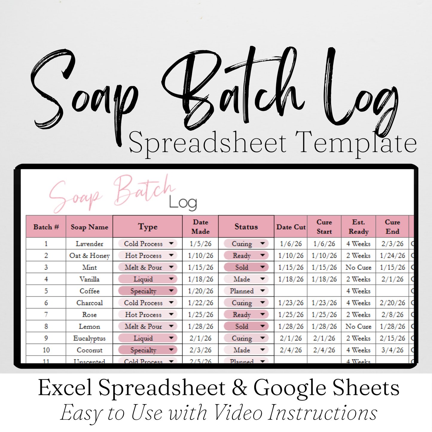 Soap Batch Log Spreadsheet Google Sheets and Excel Spreadsheet Template