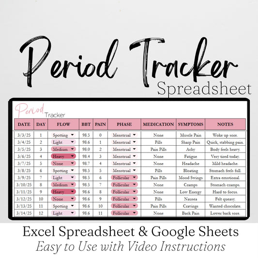 Period Tracker Template Google Sheets and Excel Spreadsheet