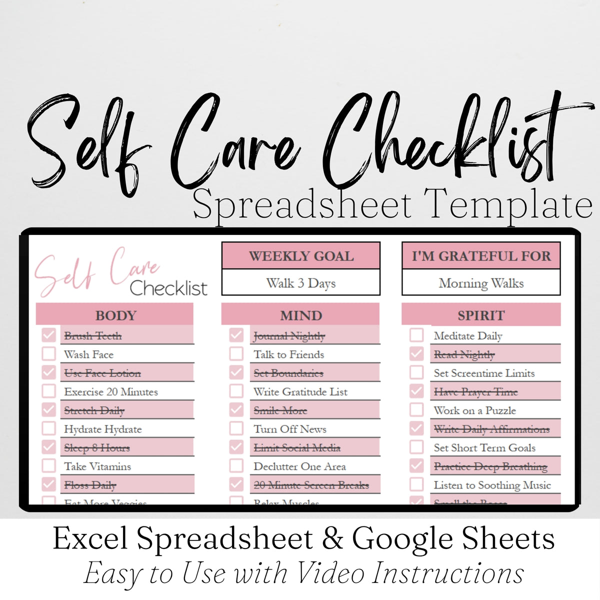 Self Care Checklist Template for Google Sheets and Excel Spreadsheet ...