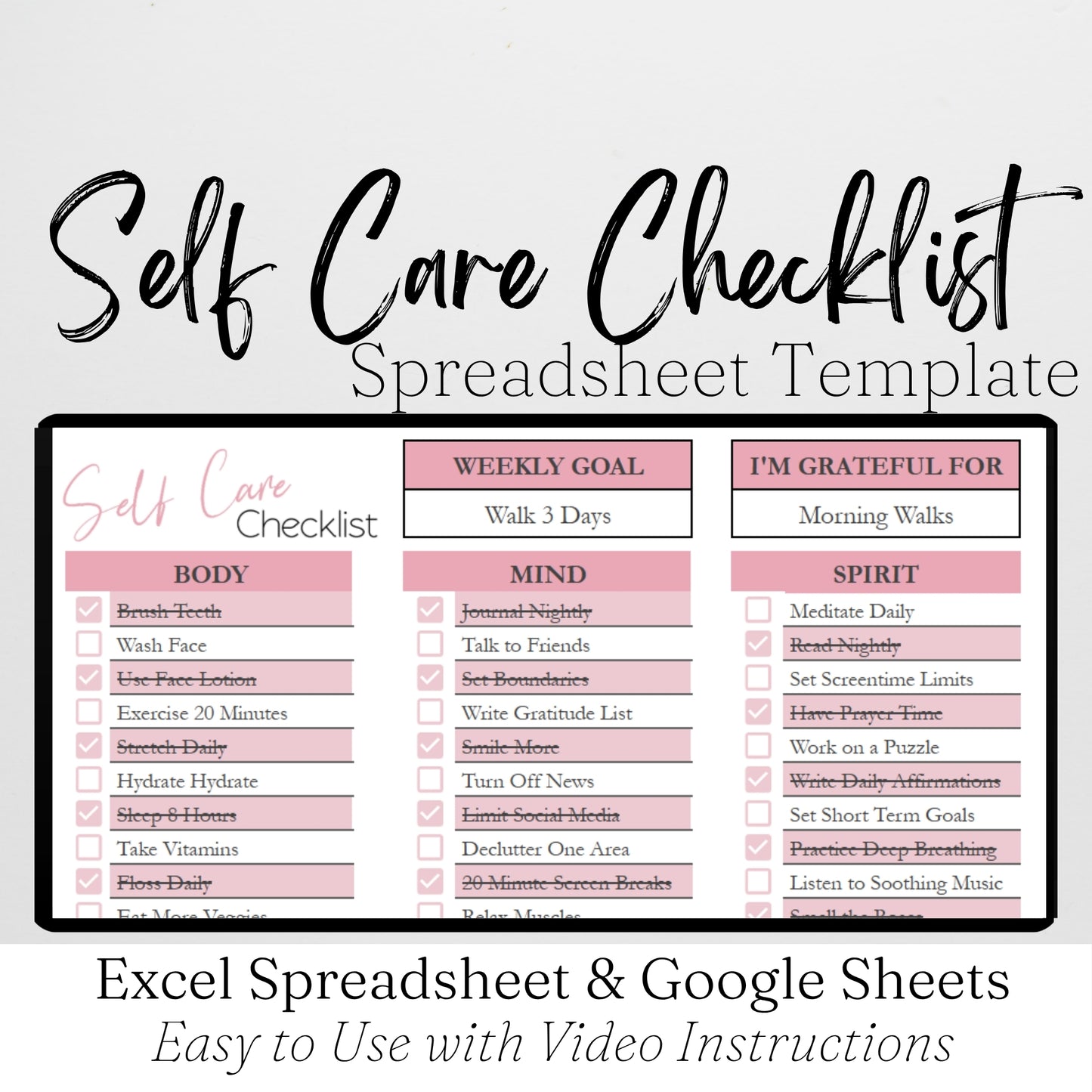 Self Care Checklist Template for Google Sheets and Excel Spreadsheet