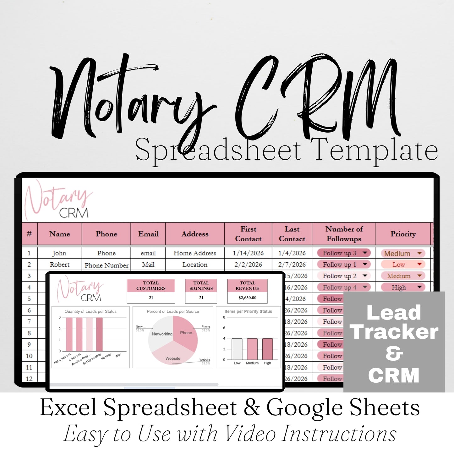 Notary CRM Template for Google Sheets and Excel Spreadsheet: Lead Tracker