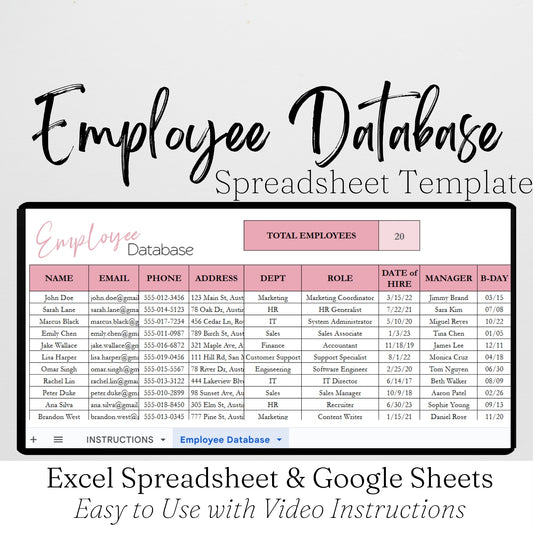 Employee Database Excel Spreadsheet Template and Google Sheets