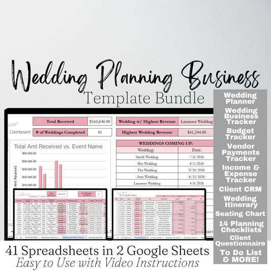 Wedding Planner Business Template Bundle | Client Wedding Organizer & Business Tracker Google Sheets & Excel Spreadsheet for Coordinators & Event Planners