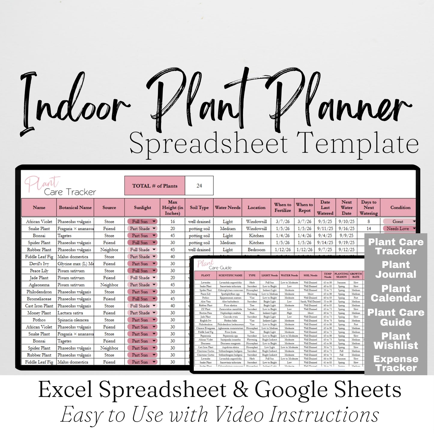 Indoor Plant Planner Template Excel Spreadsheet and Google Sheets