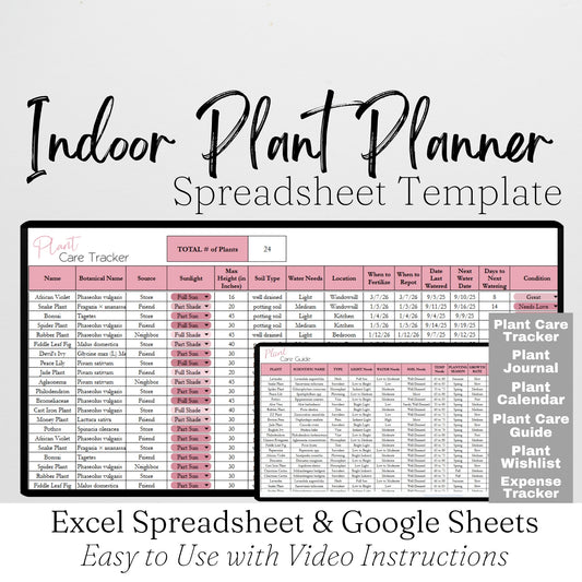 Indoor Plant Planner Template Excel Spreadsheet and Google Sheets