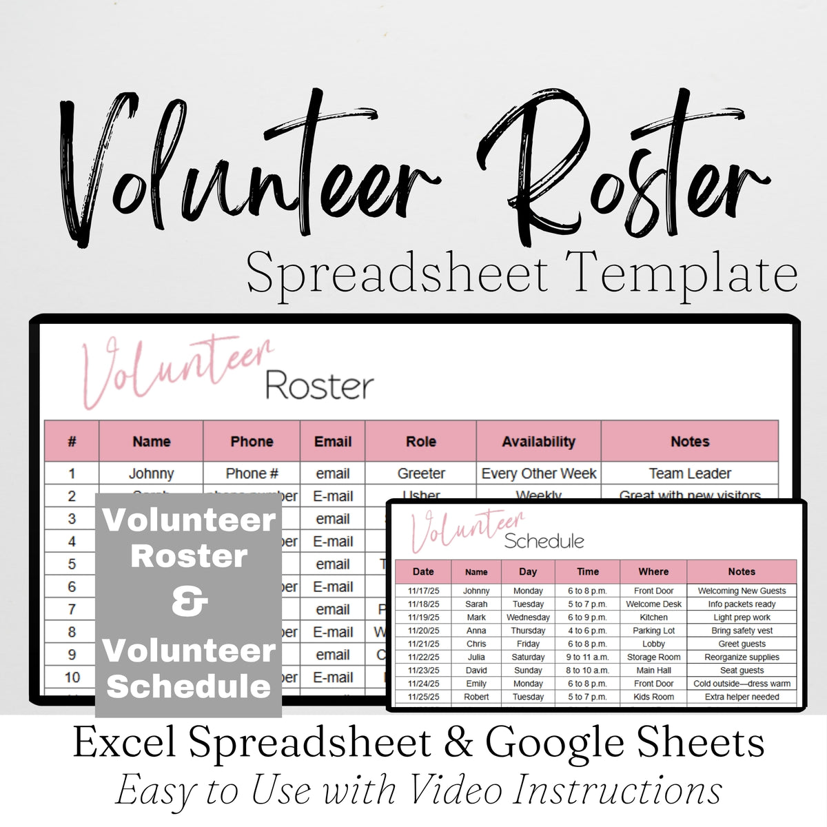 Volunteer Roster Template Google Sheets and Excel Spreadsheet – Savvy ...