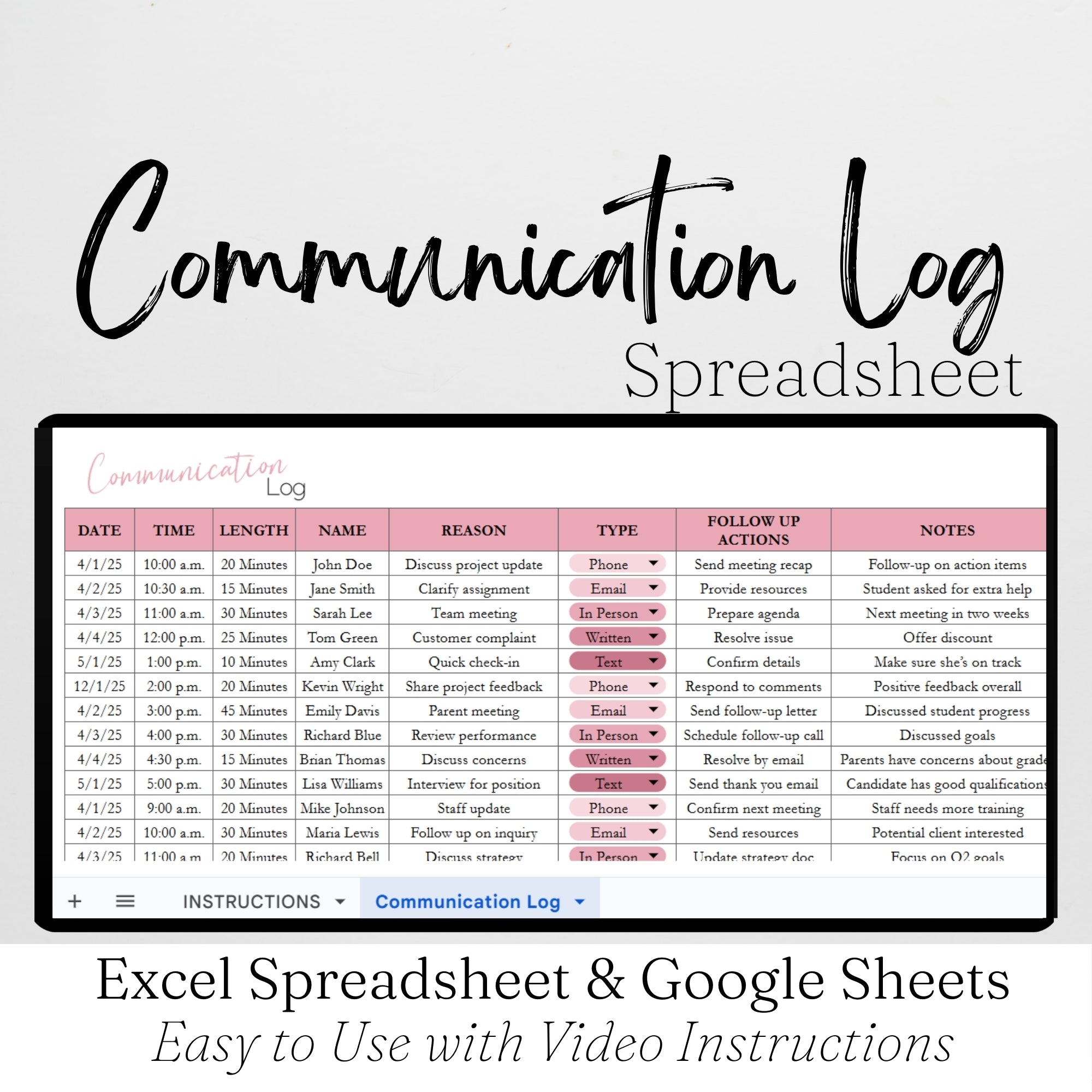 Communication Log Template Google Sheets and Excel Spreadsheet – Savvy ...
