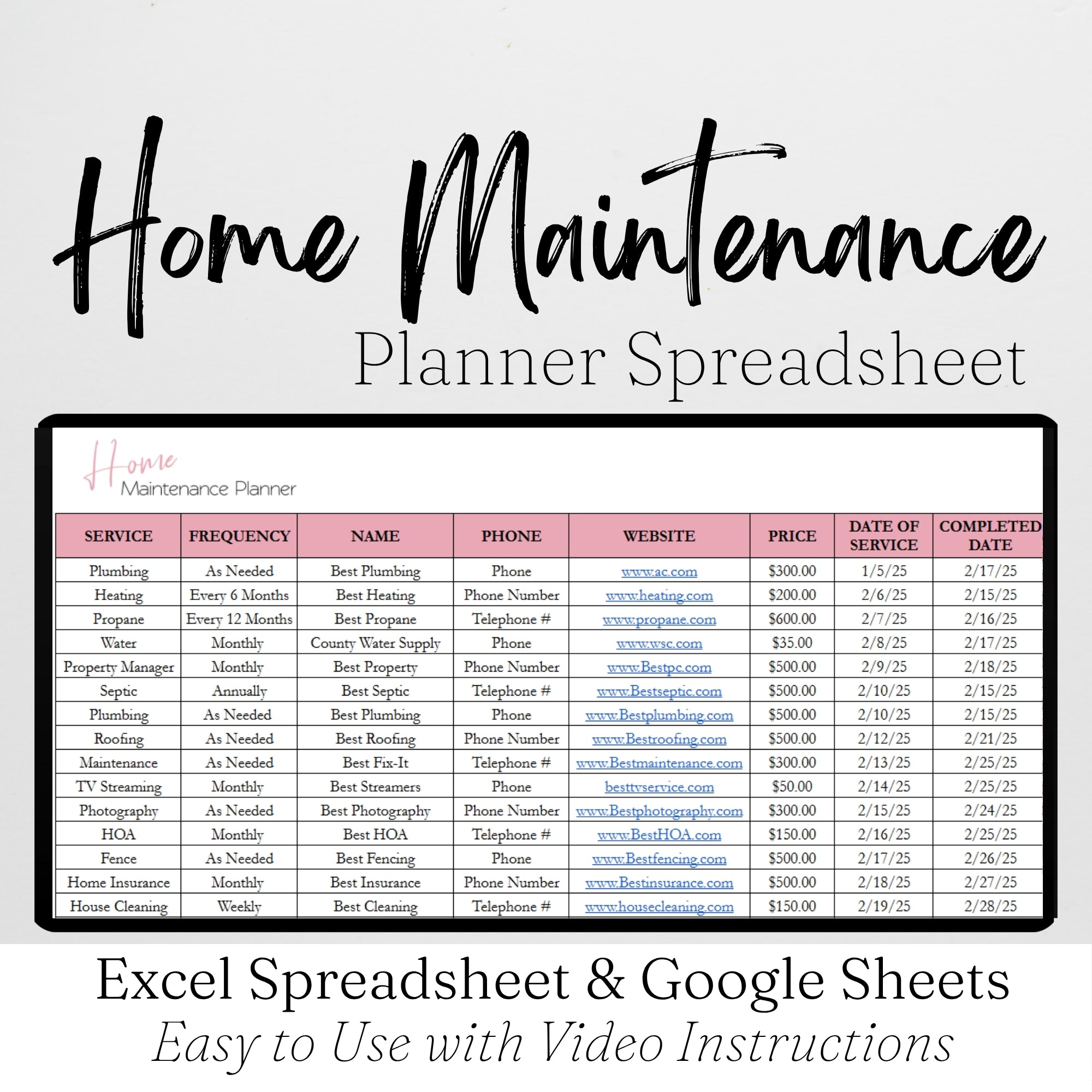 Home Maintenance Tracker Template for Google Sheets and Excel Spreadsh ...
