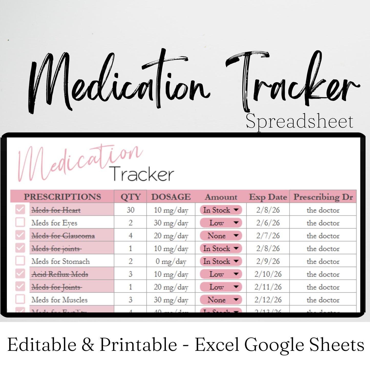 Medication Tracker Google Sheet and Excel Spreadsheet