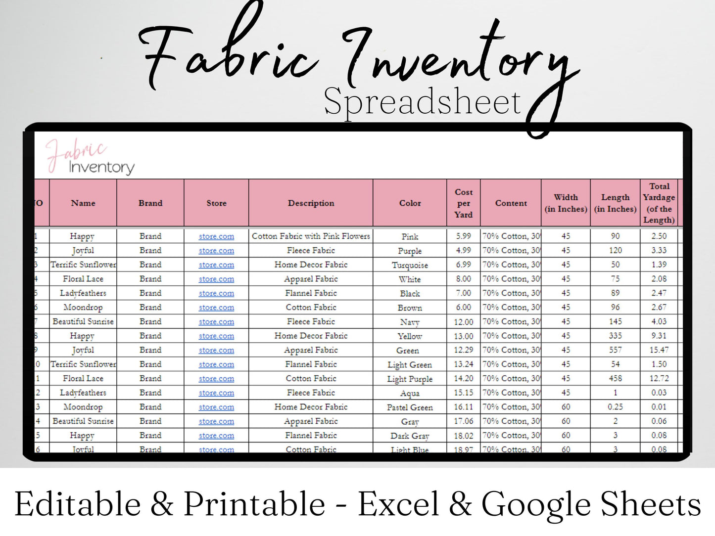 Fabric Inventory Tracker Google Sheet