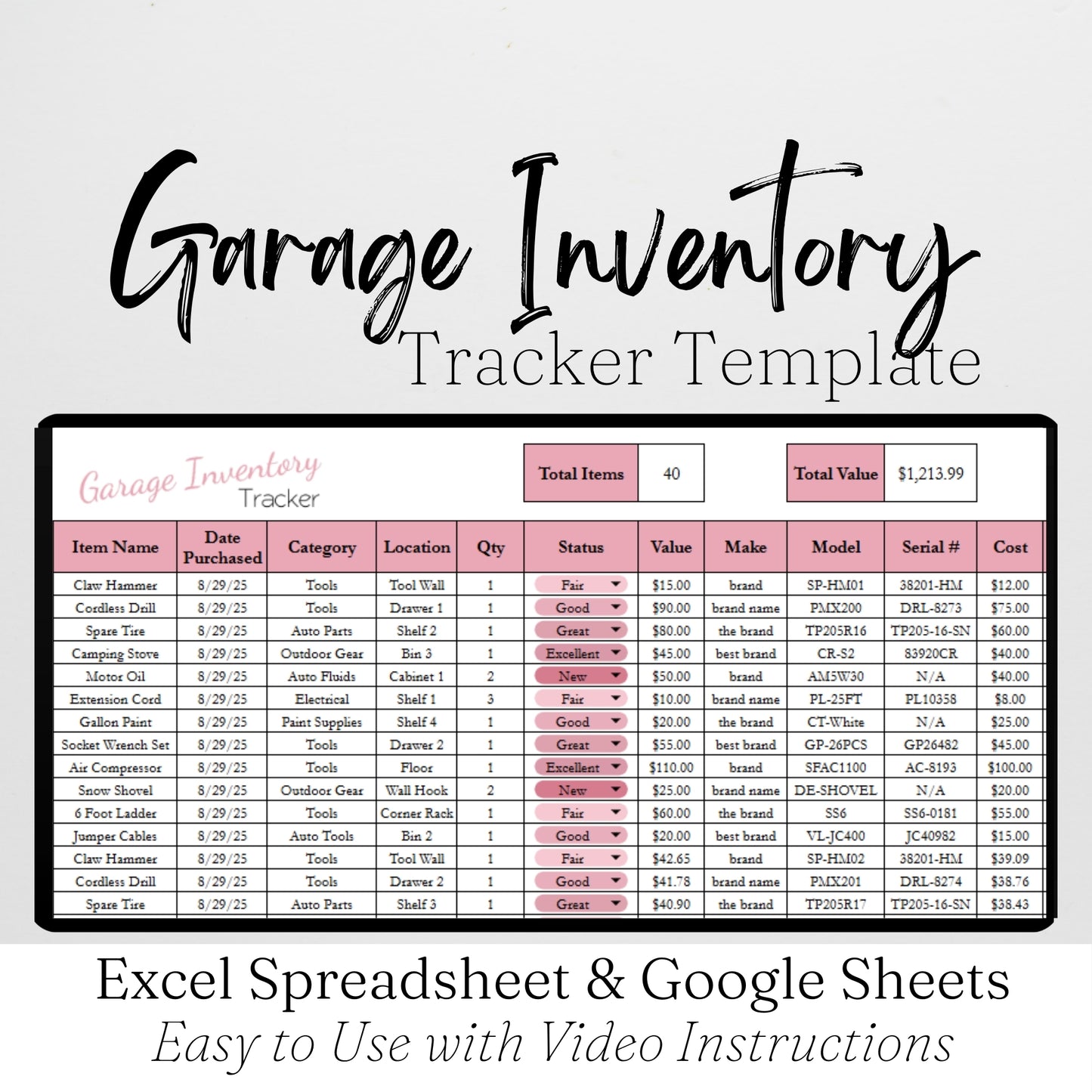 Garage Inventory Tracker Template for Google Sheets and Excel Spreadsheet