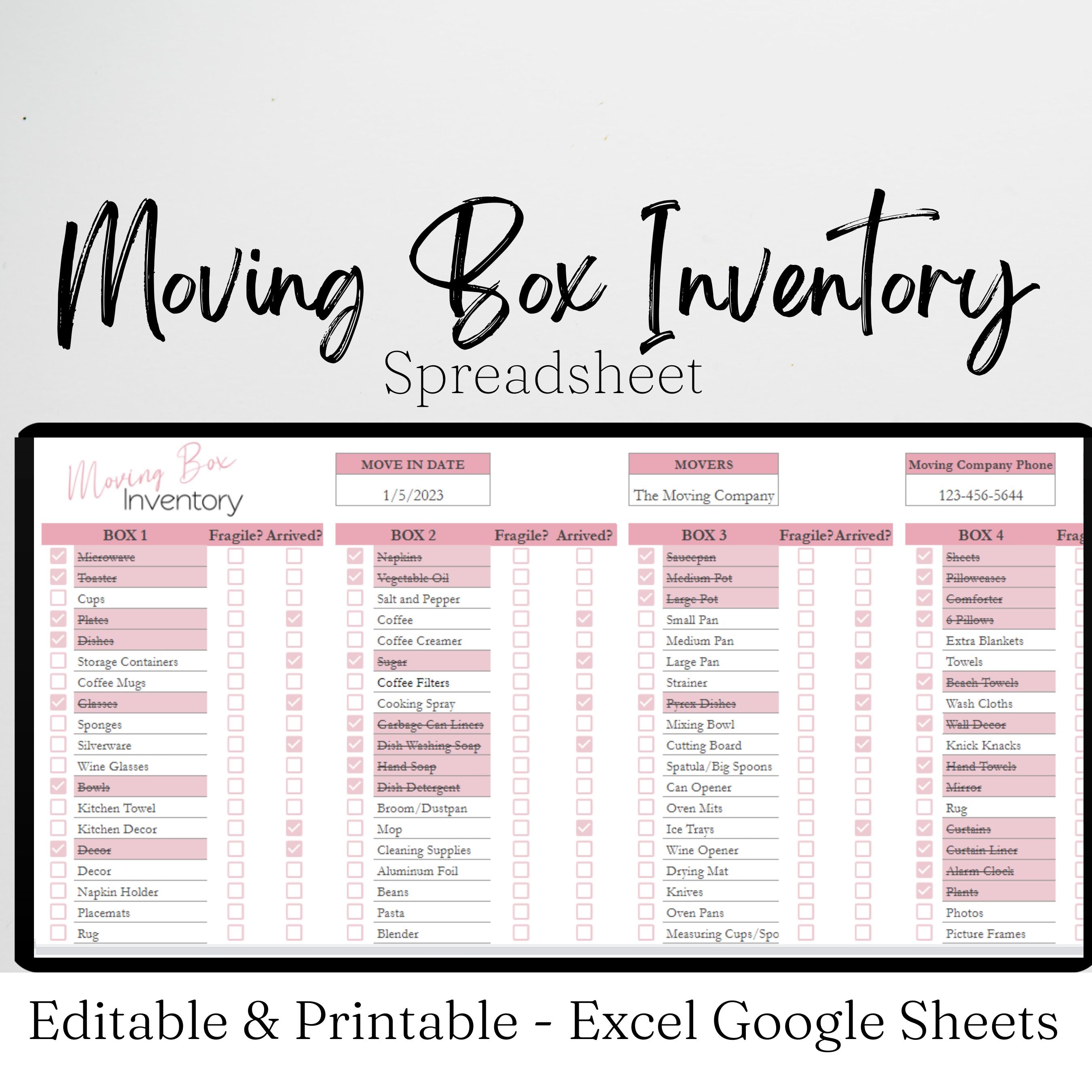 Moving Box Inventory Google Sheet and Excel Spreadsheet – Savvy and ...