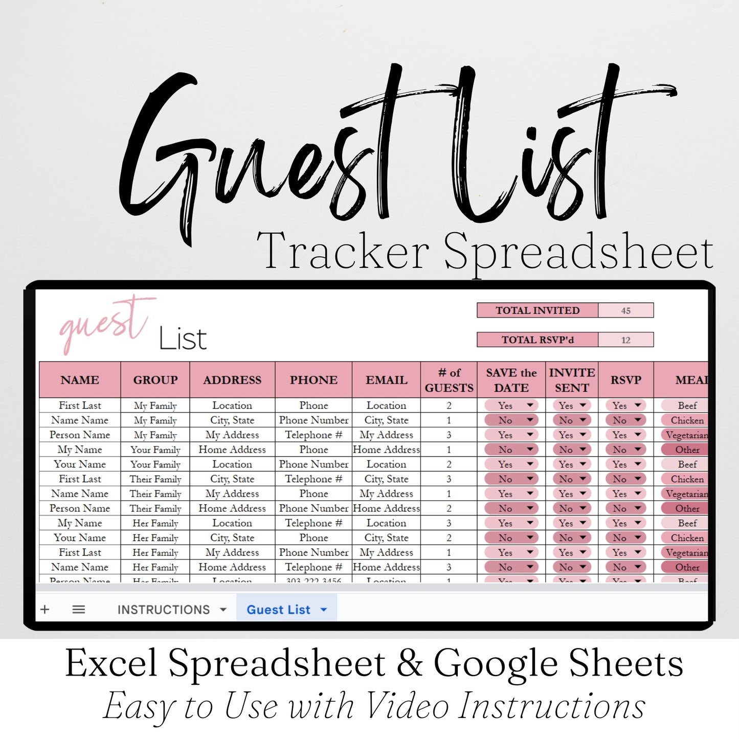 Guest List Template Google Sheets and Excel Spreadsheet