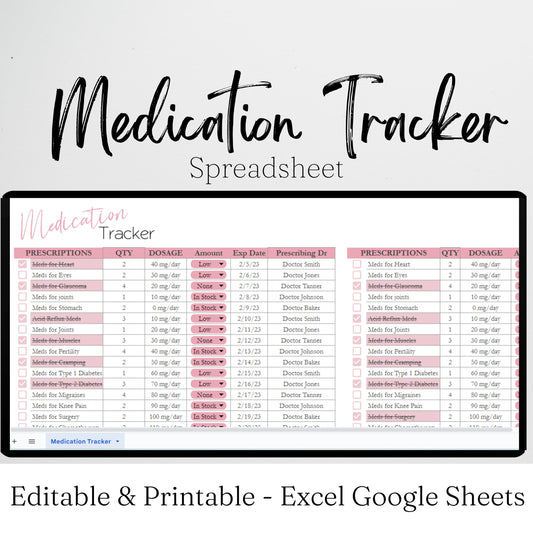 Medication Tracker Google Sheet and Excel Spreadsheet