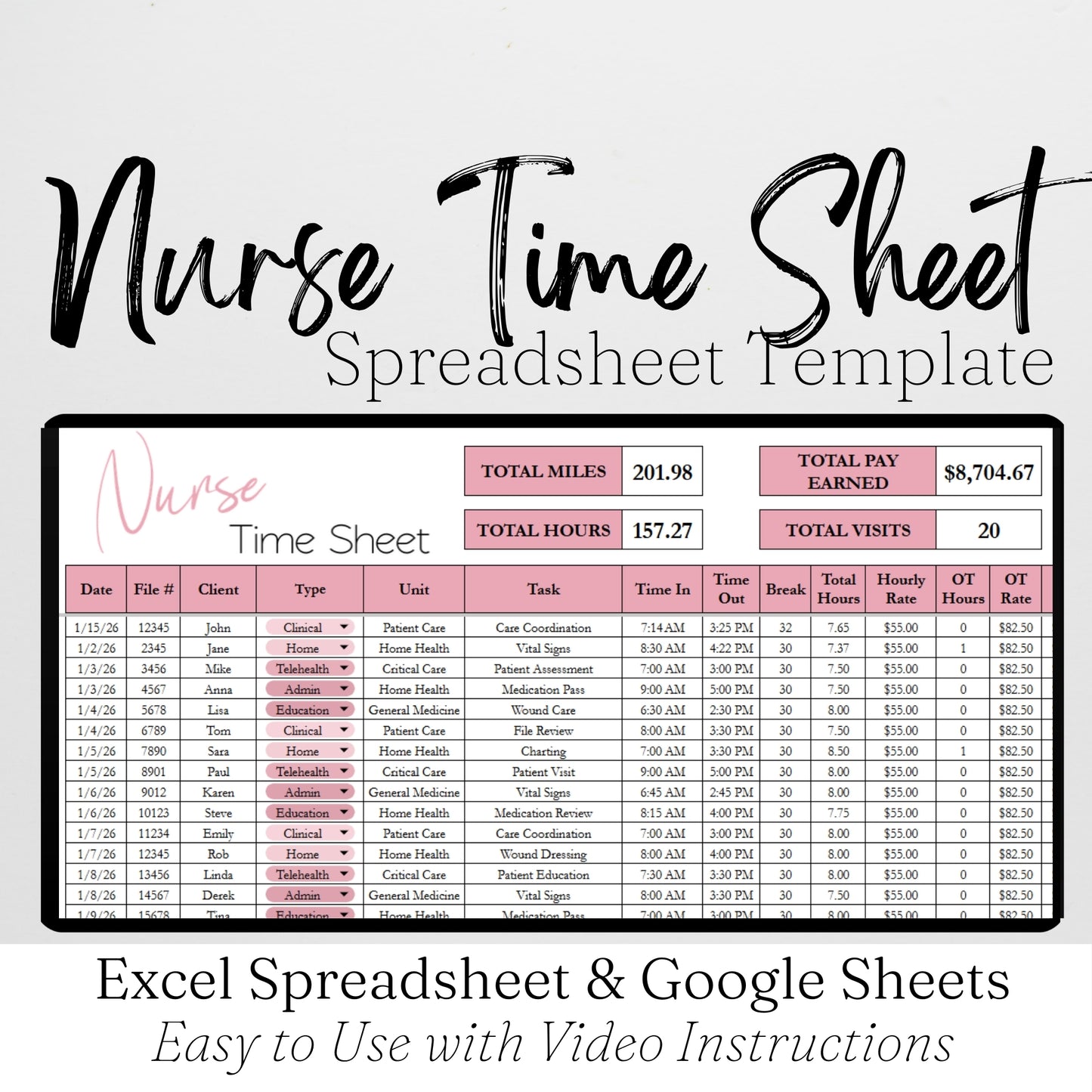 Nurse Time Sheet Spreadsheet Template Google Sheets and Excel Spreadsheet