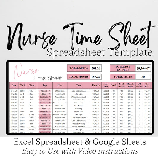 Nurse Time Sheet Spreadsheet Template Google Sheets and Excel Spreadsheet