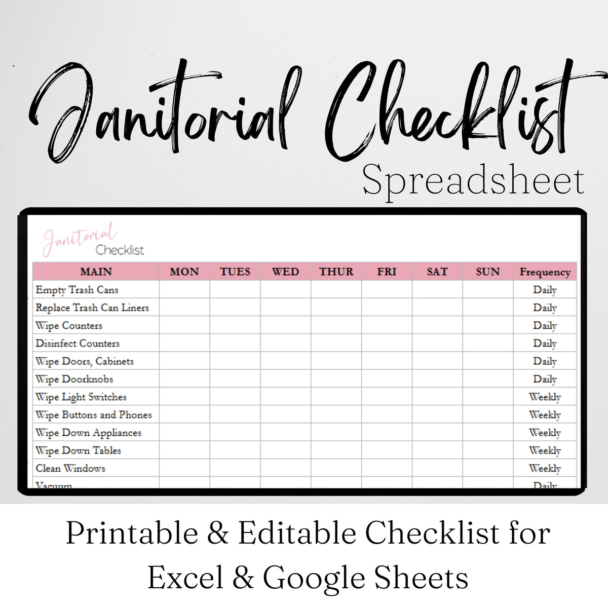 Janitorial Checklist Template Google Sheets and Excel Spreadsheet ...
