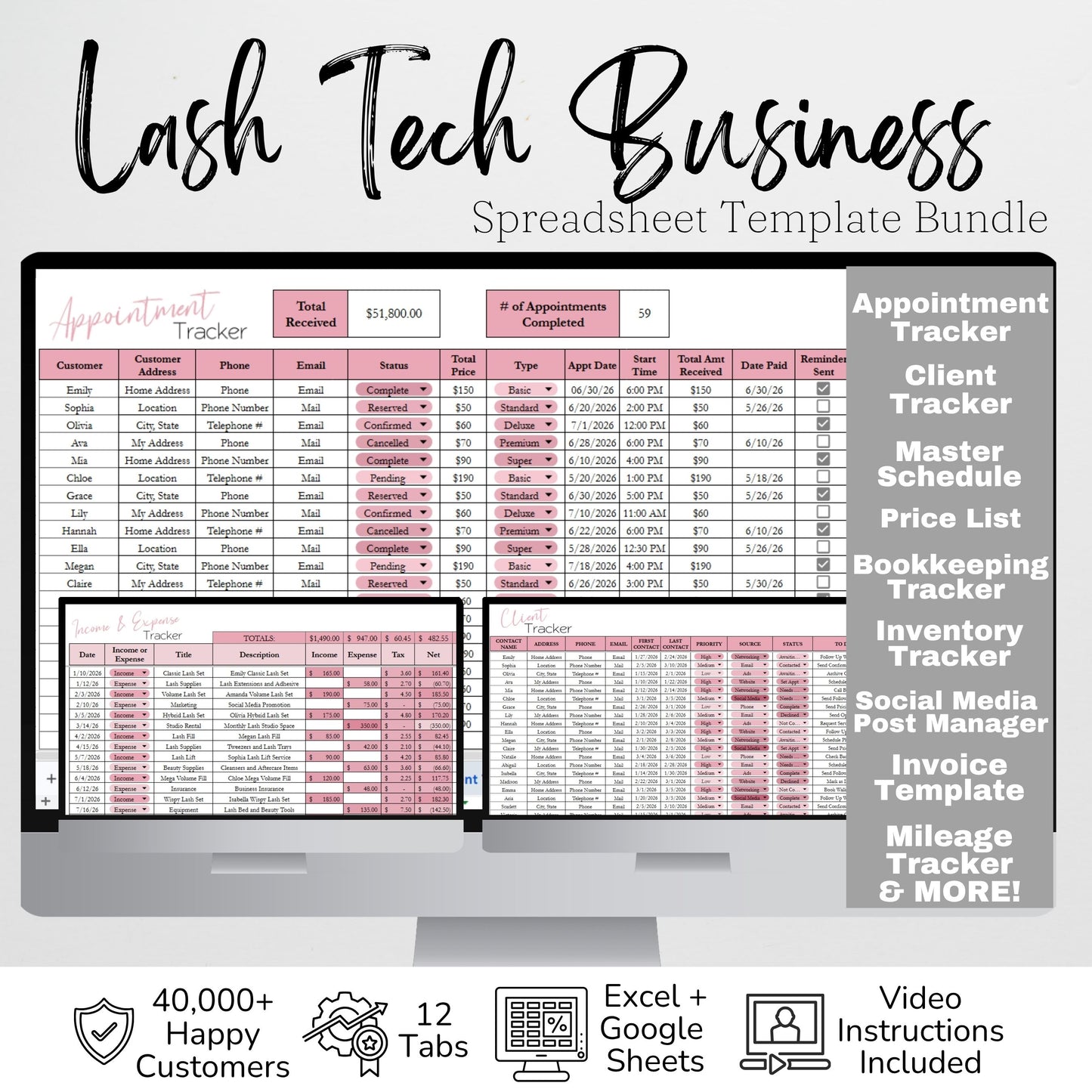 Lash Tech Business Bundle | Google Sheets & Excel Spreadsheet for Lash Artists | Client Tracker, Appointments, Bookkeeping & Business Planner