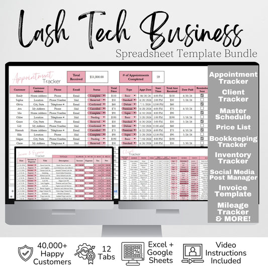 Lash Tech Business Bundle | Google Sheets & Excel Spreadsheet for Lash Artists | Client Tracker, Appointments, Bookkeeping & Business Planner