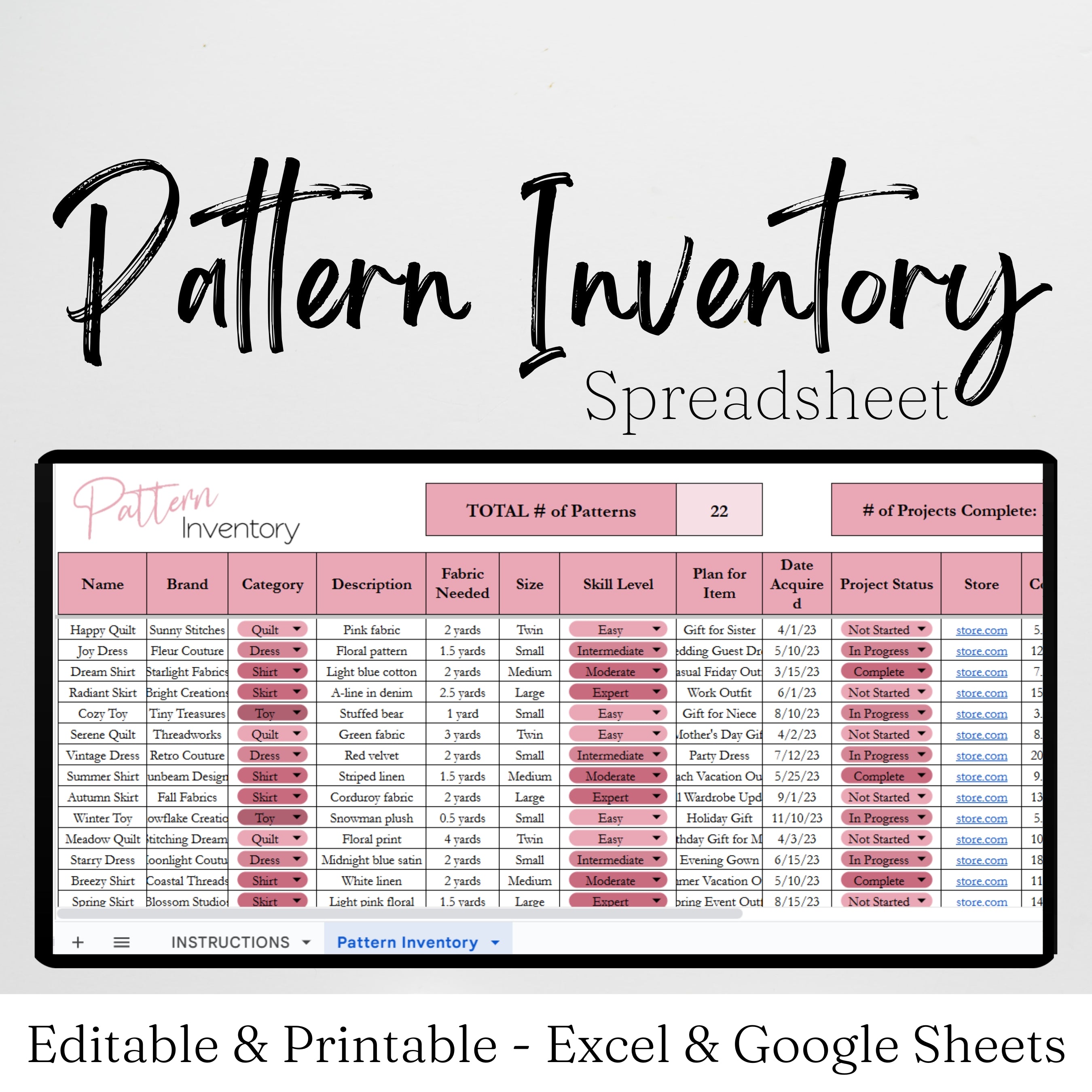 Pattern Inventory Tracker Excel Spreadsheet and Google Sheets to Organ ...