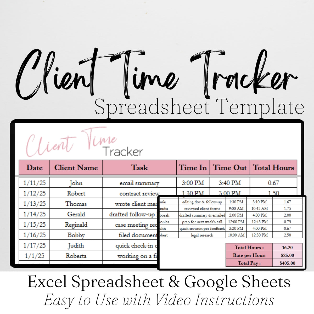 Client Time Tracking Spreadsheet Template Google Sheets and Excel Spre ...