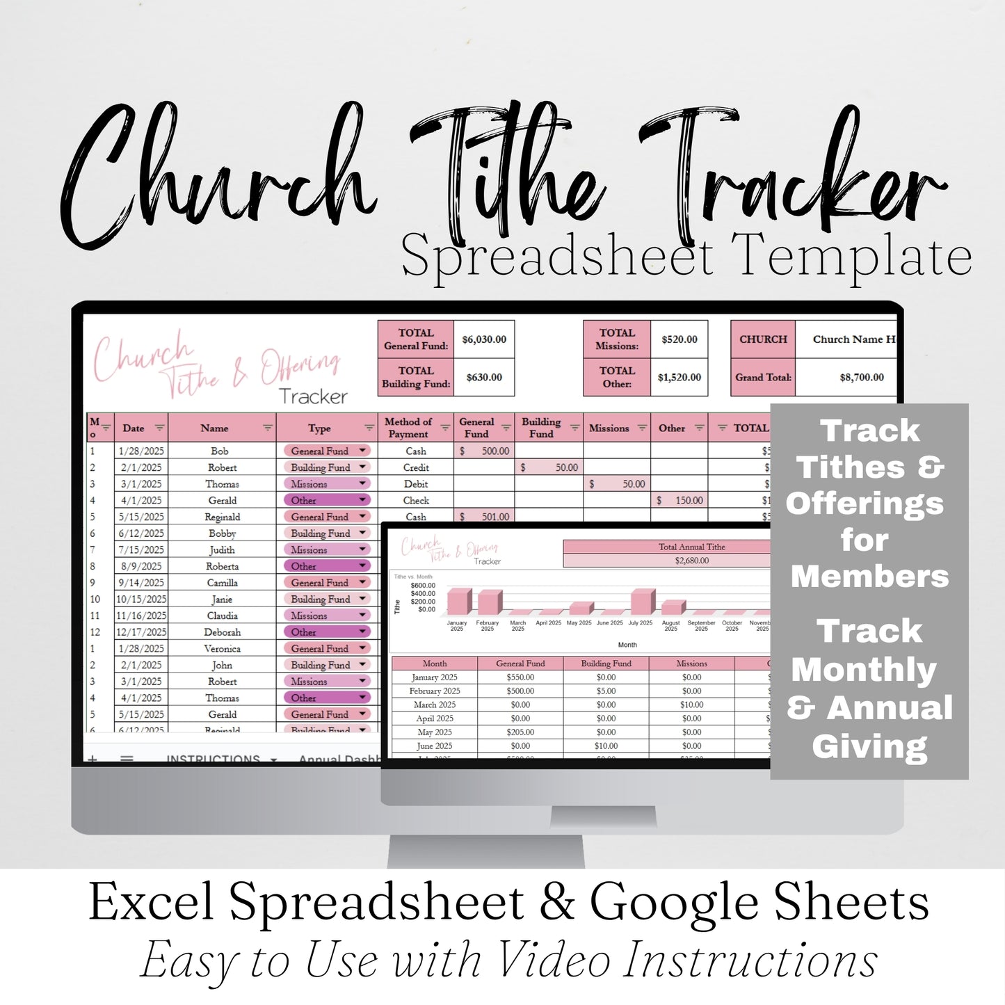 Church Tithing Template Excel Spreadsheet and Google Sheets