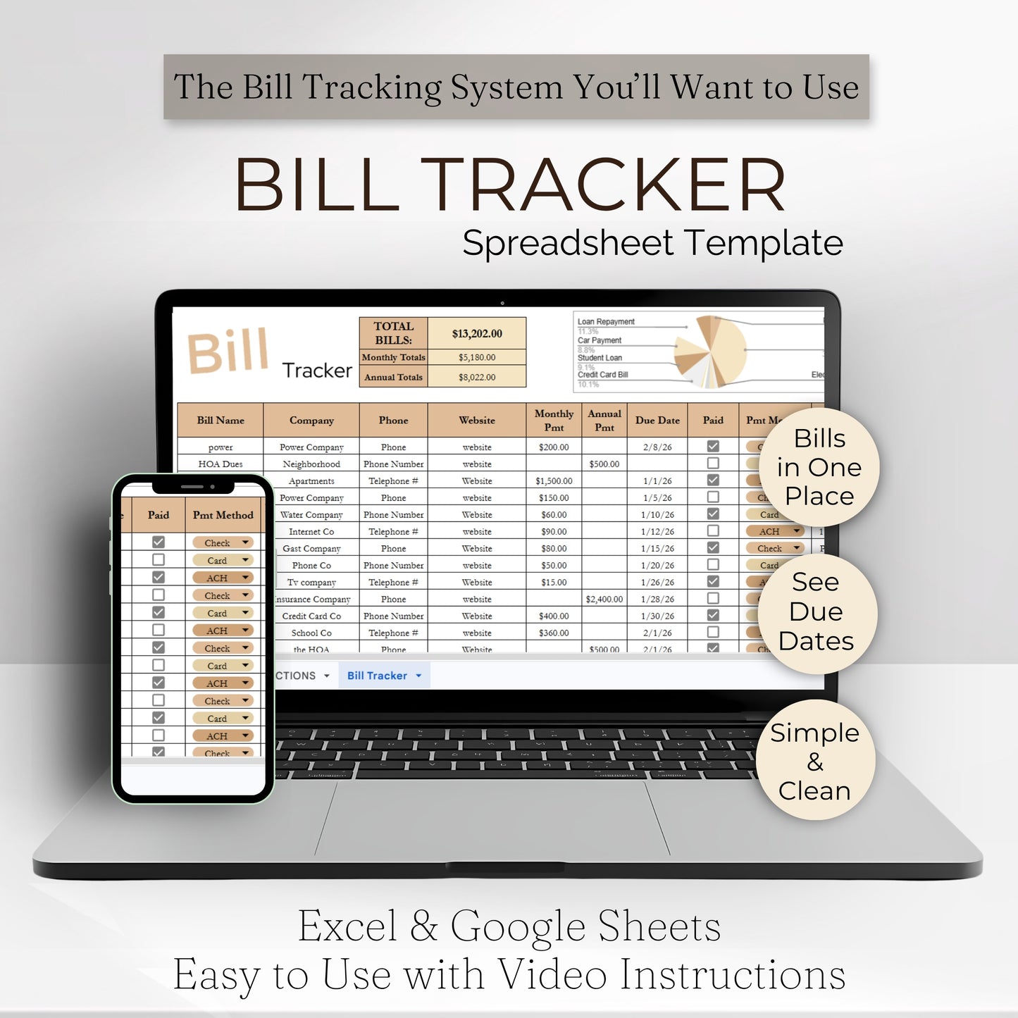 Bill Payment Tracker: Minimalist Monthly Expense Spreadsheet Template (Google Sheets & Excel)