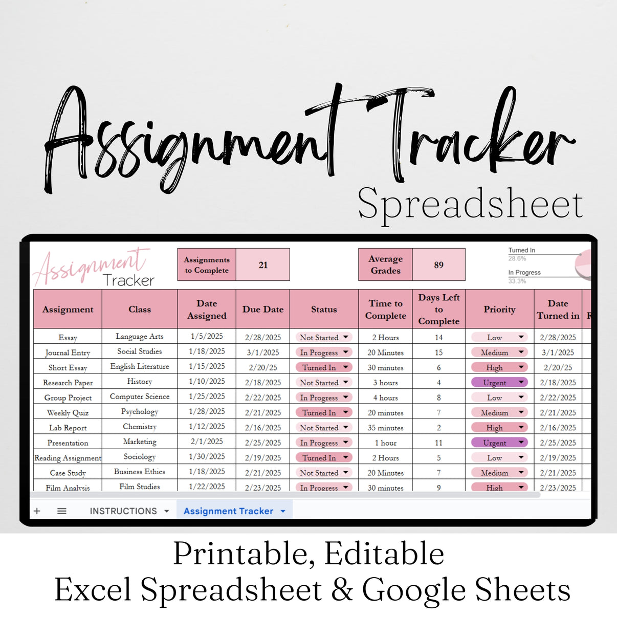 Assignment Tracker Template Google Sheet and Excel Spreadsheet – Savvy ...