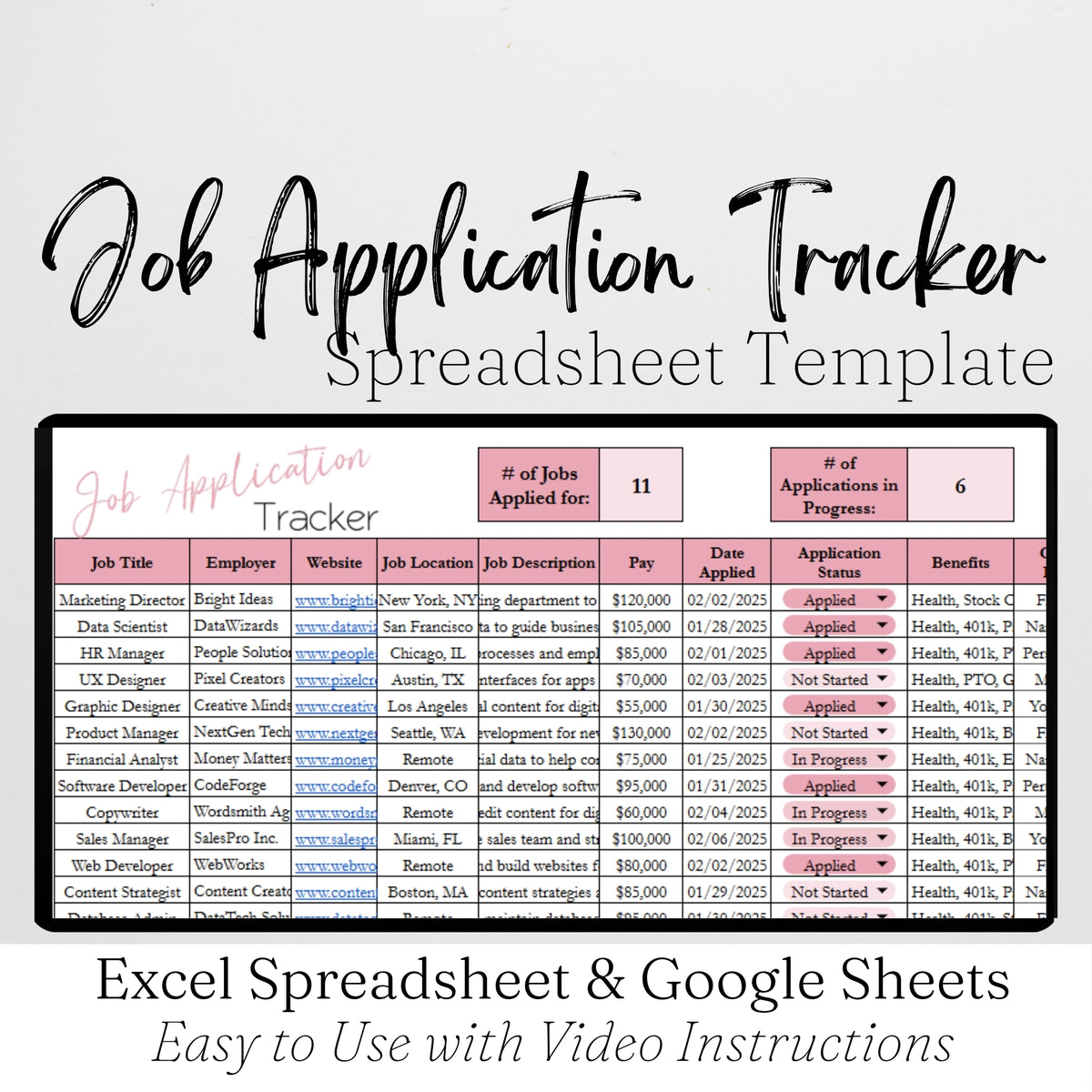 Job Application Tracker Example Job Application Tracker Excel Spreadsheet and Google Sheets Template ...