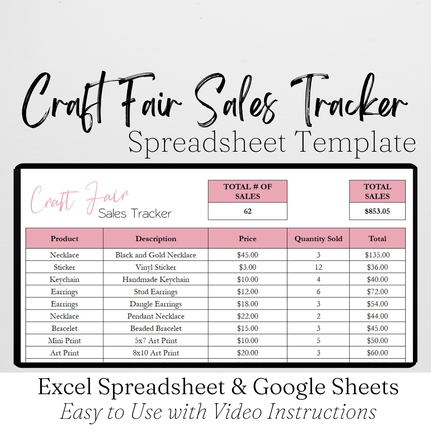 Craft Fair Sales Tracker Template Google Sheets and Excel Spreadsheet