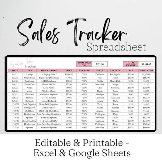 Sales Tax Tracker Excel Spreadsheet and Google Sheet