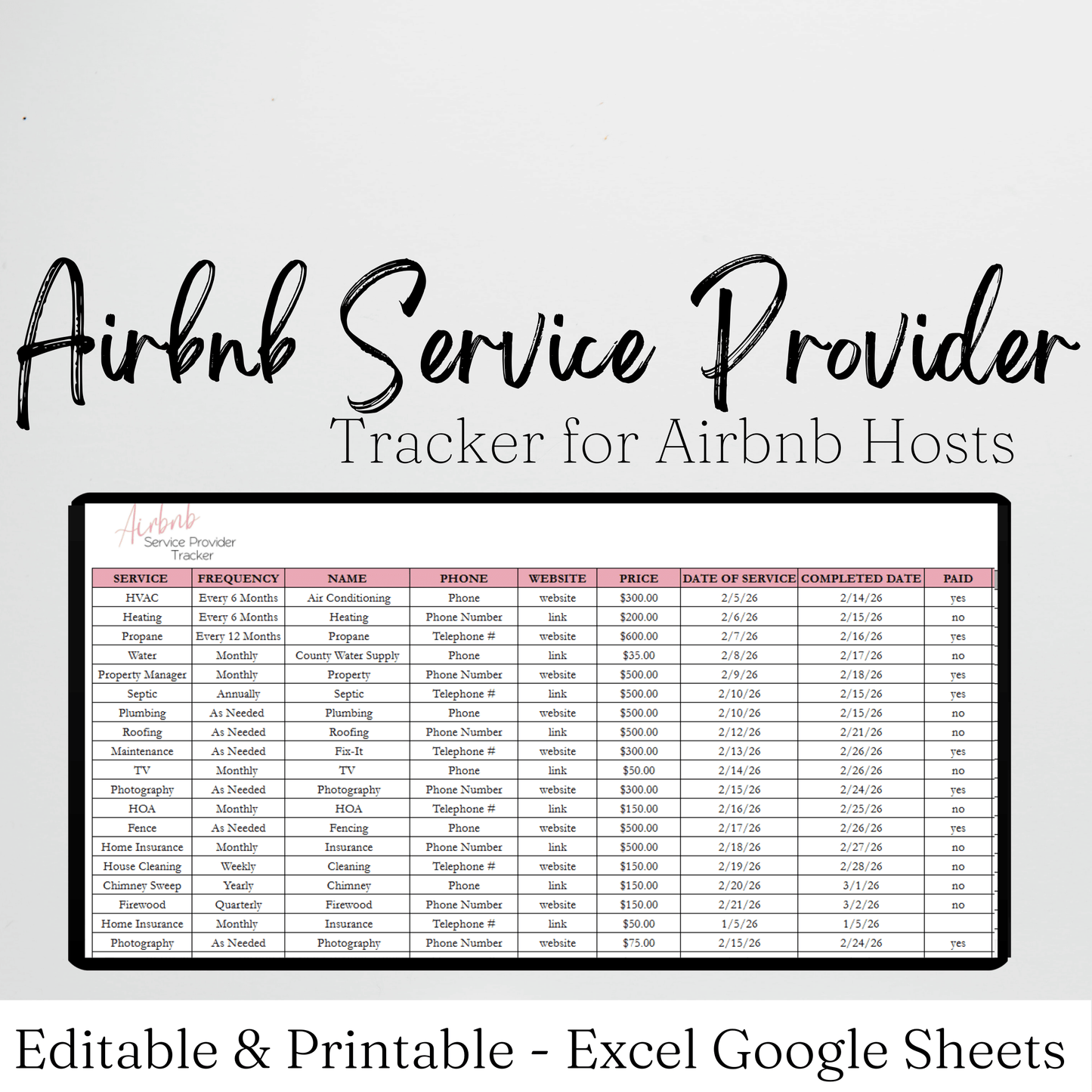 Airbnb Provider Checklist Template Google Sheets Excel Spreadsheet