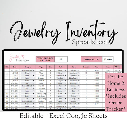 Jewelry Inventory Google Sheet and Excel Spreadsheet