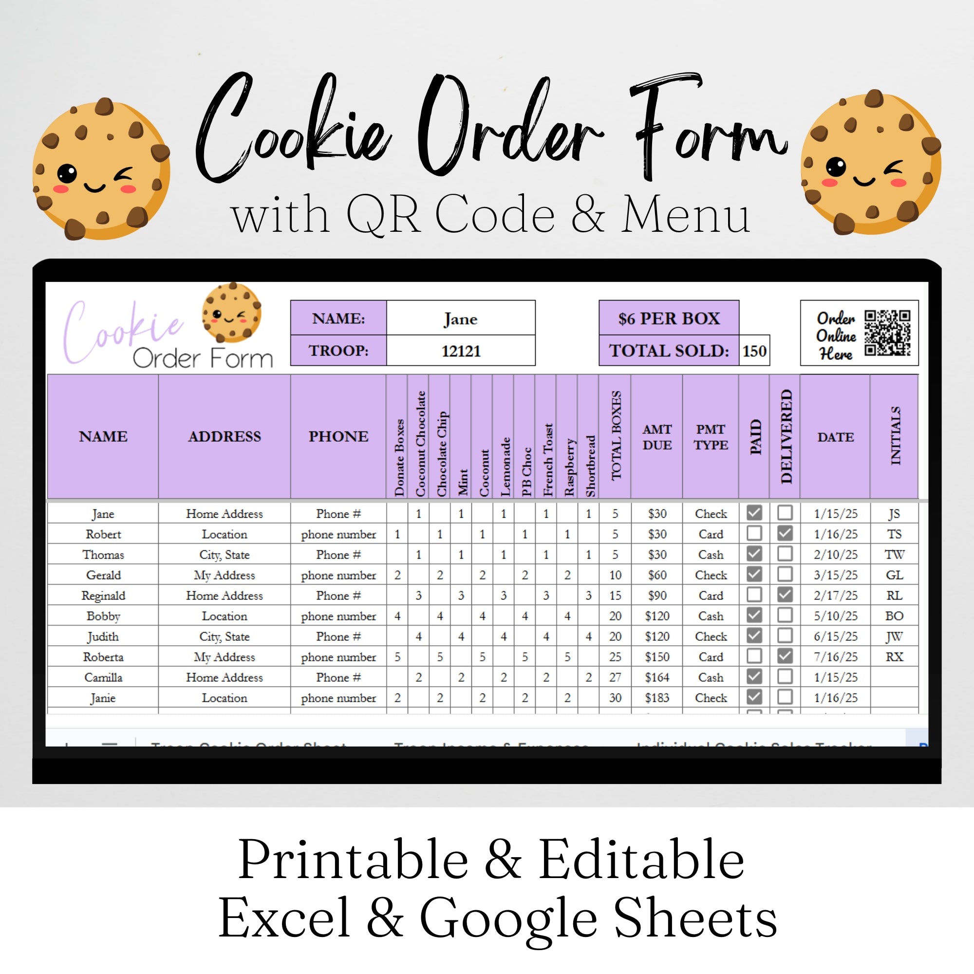 Cookie Order Form Template with QR Code Google Sheets and Excel, Print ...