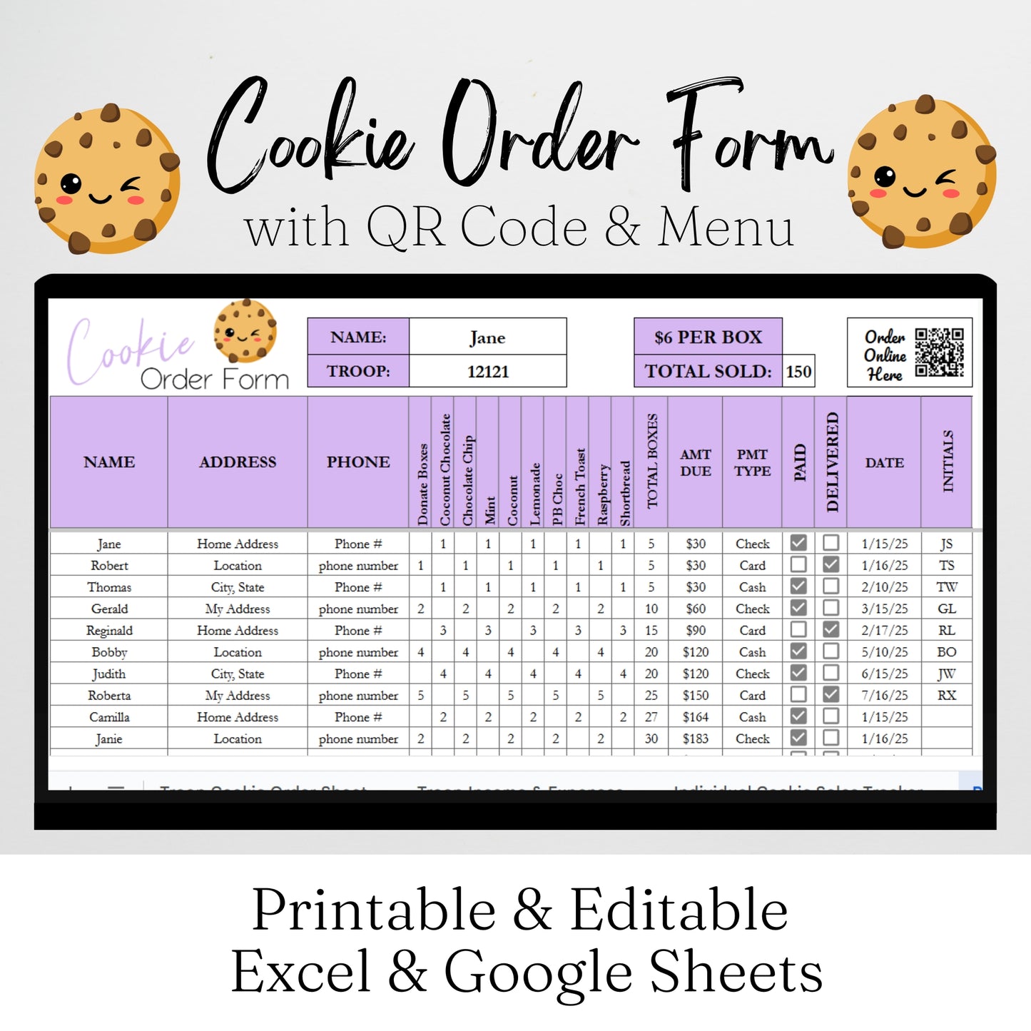 Cookie Order Form Template with QR Code Google Sheets and Excel, Printable Templates