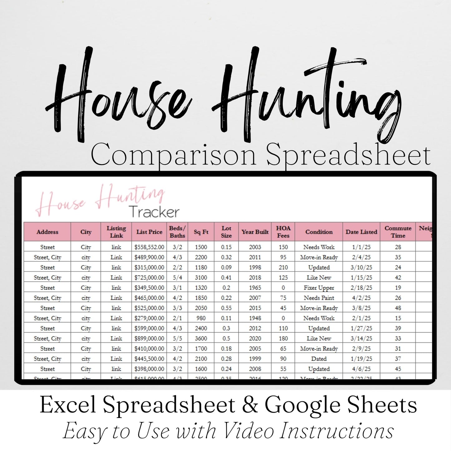 House Hunting Spreadsheet & Home Comparison Chart – Real Estate Template for Home Buying, First‑Time Buyers, and Investment Property Planning for Google Sheets and Excel