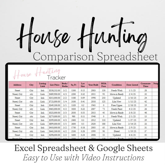 House Hunting Spreadsheet & Home Comparison Chart – Real Estate Template for Home Buying, First‑Time Buyers, and Investment Property Planning for Google Sheets and Excel