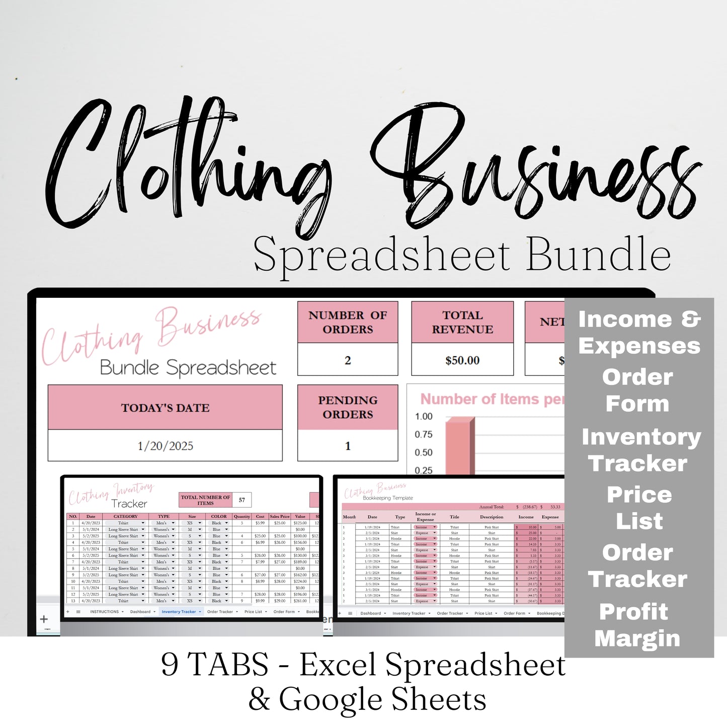 Clothing Business Excel Template, Clothing Business Bundle Google Sheets