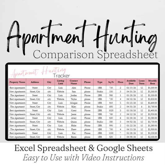Apartment Hunting Spreadsheet Template Google Sheets and Excel Spreadsheet - Price Comparison and Amenities Tracker